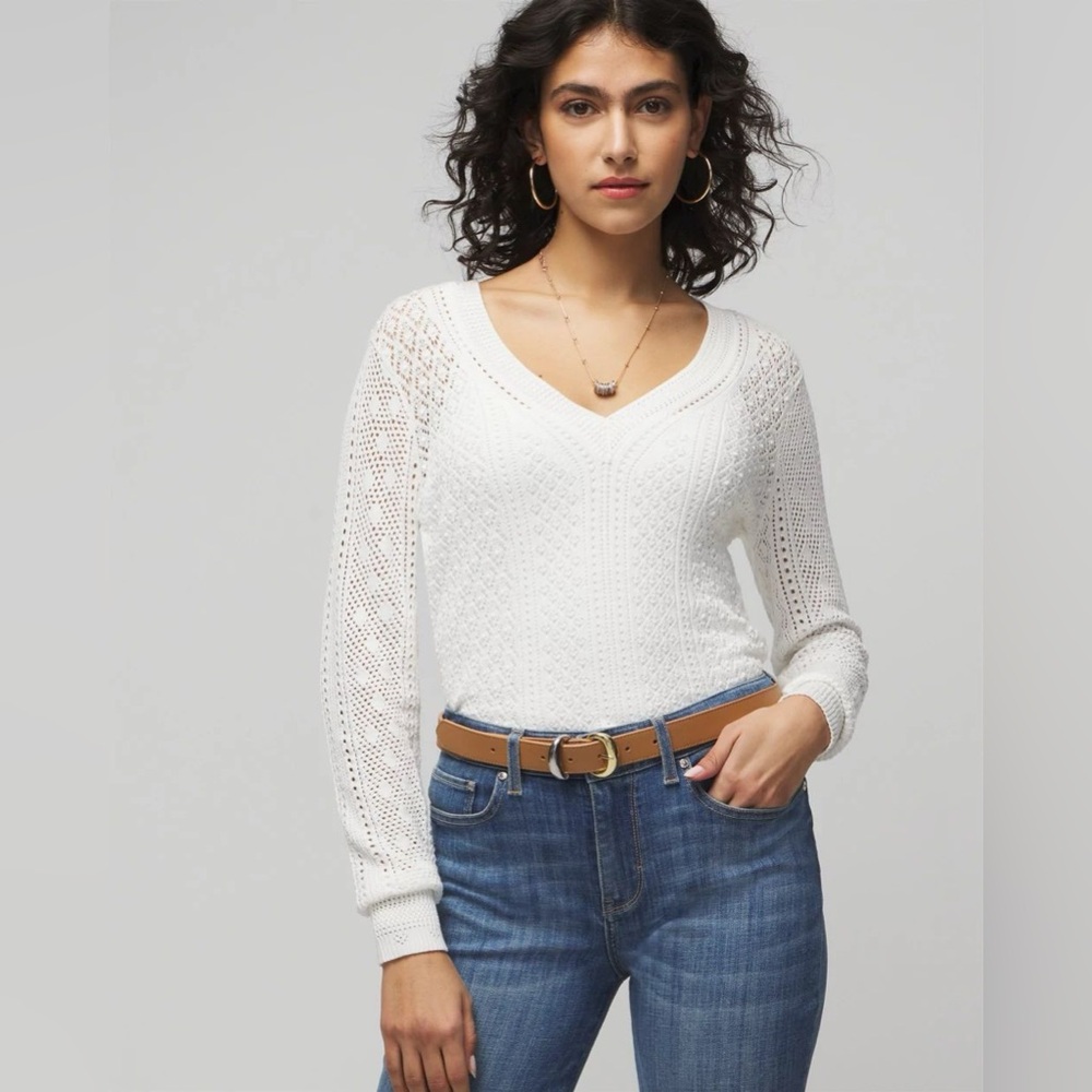 White House Black Market Pointelle V-Neck Pullover